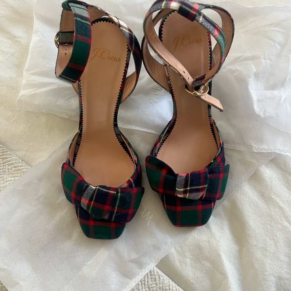 J. Crew Tartan Ankle Strap Heels - Red and Green